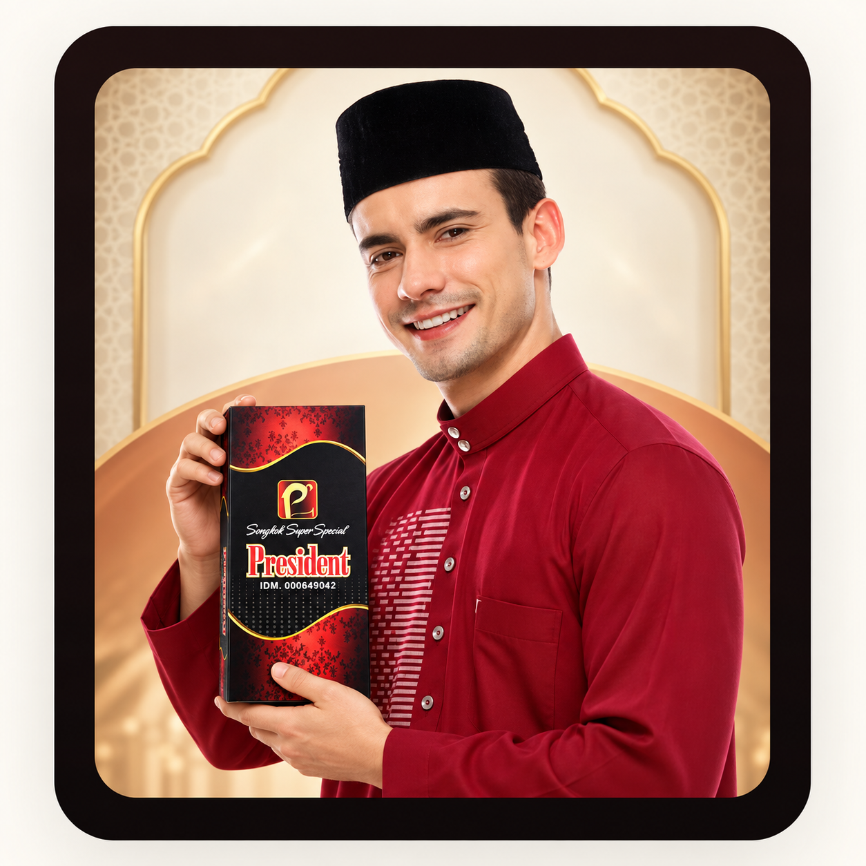 Model mengenakan Songkok President dan membawa produk President